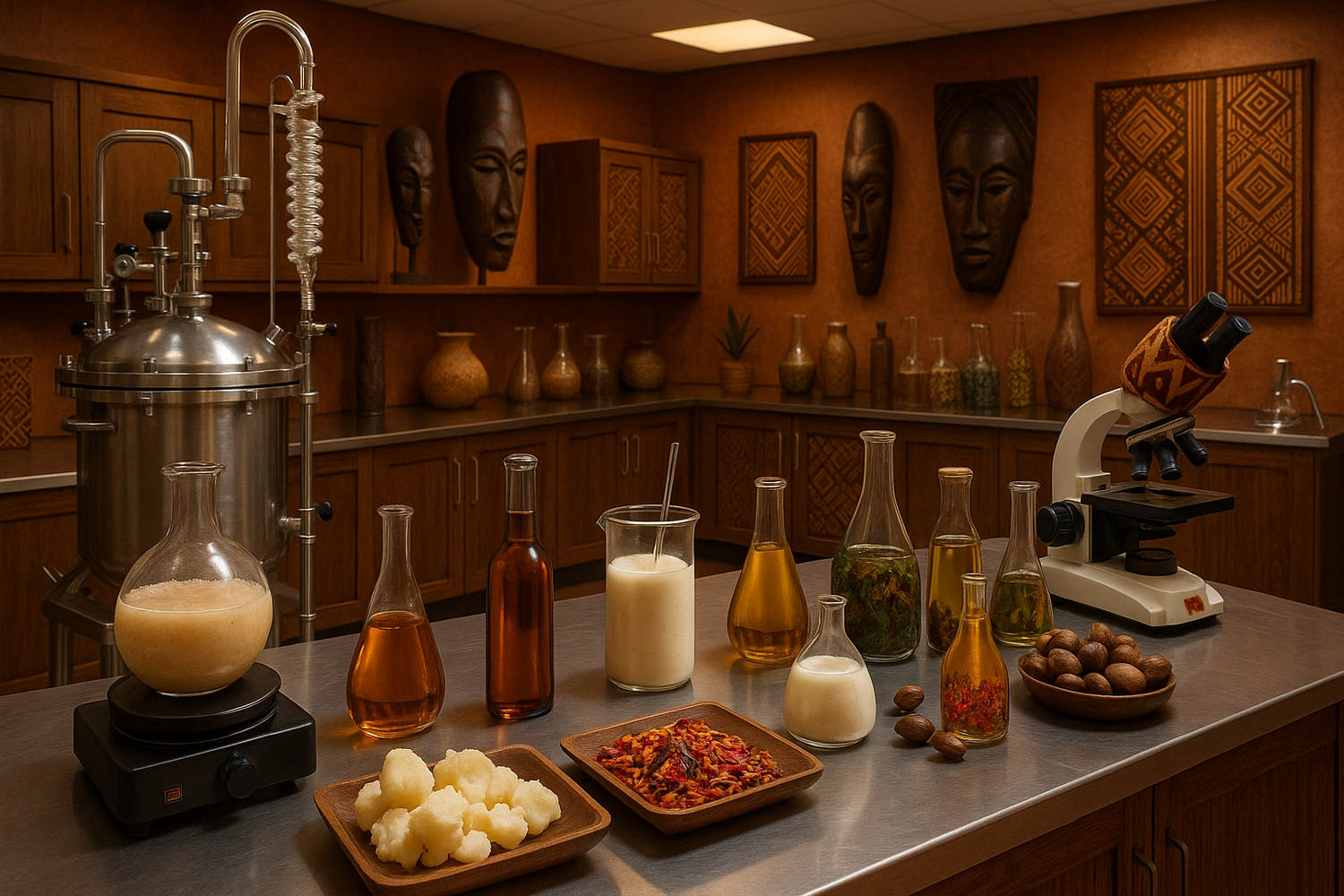 un laboratoire de fabrication de produits cosmetique avec des élements qui font penser à l'afrrique
